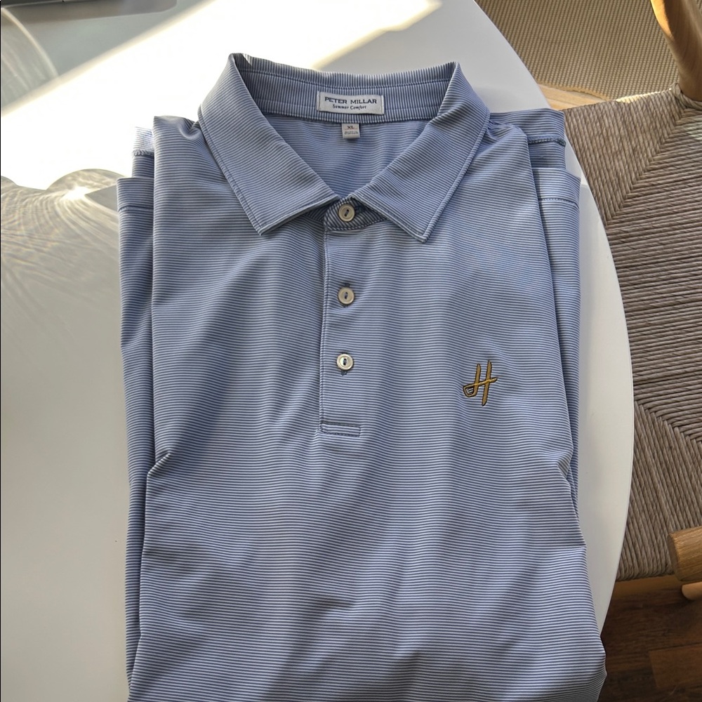NWOT Peter Millar blue striped “harvester golf course” polo shirt, XL.